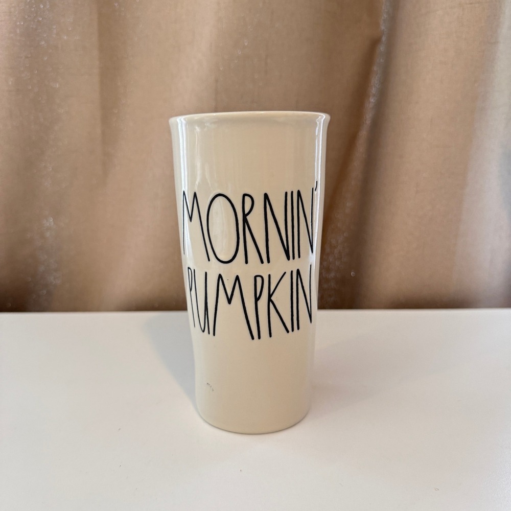 Rae Dunn Mornin Pumpkin Ceramic Travel Tumbler Magenta Artisan Collection White